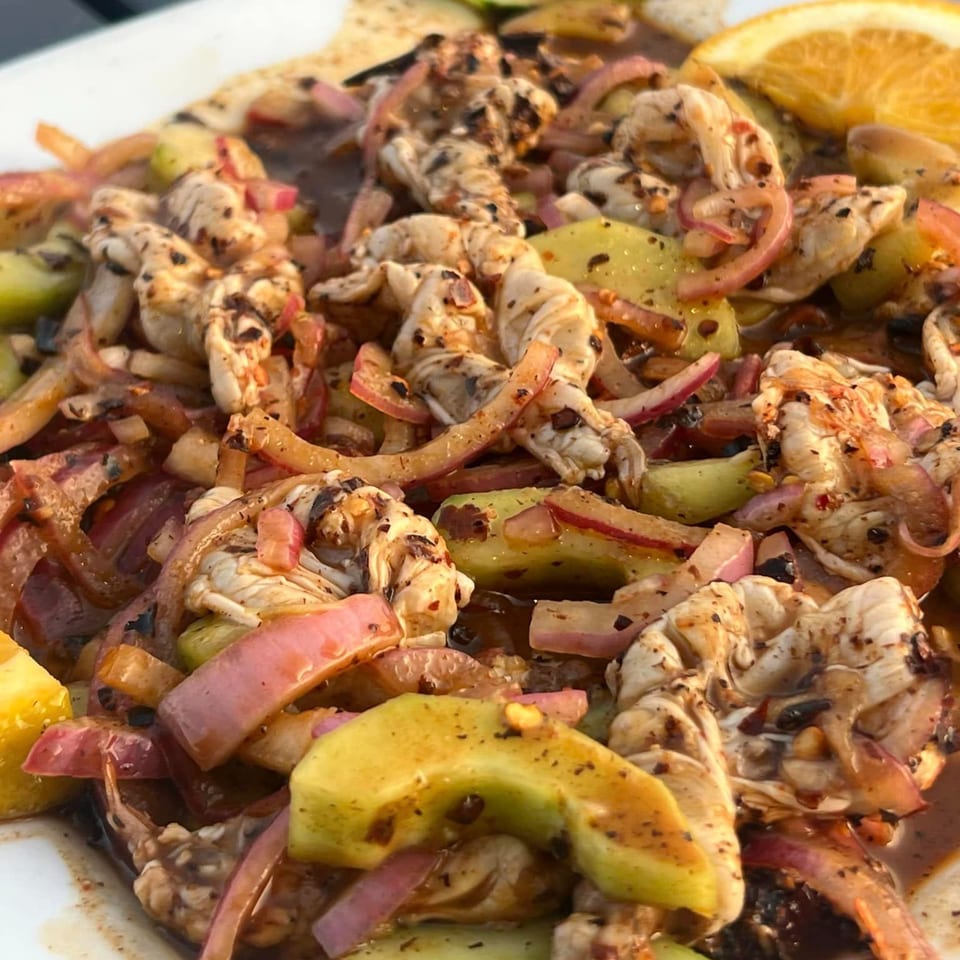 Close-up of Mexican ceviche with shrimp, red onions, avocado, and an orange slice.
