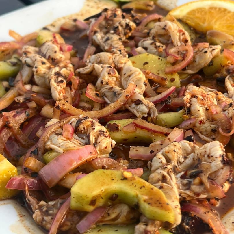 Close-up of Mexican ceviche with shrimp, red onions, avocado, and an orange slice.