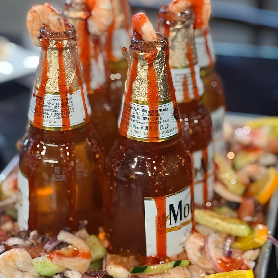 Several Modelo beer bottles with shrimp and hot sauce, surrounded by ceviche with cucumber and orange slices.